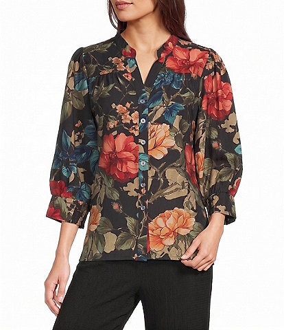 Calessa Coordinating Woven Floral V-Neck 3/4 Sleeve Button Front Blouse