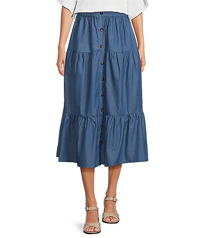 Calessa Cotton Tiered Smocked Back Button-Front A-Line Midi Skirt