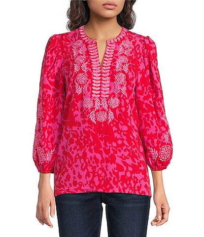 Calessa Crinkle Textured Embroidered Abstract Animal Print Split Round Neck Bracelet Sleeve Tunic