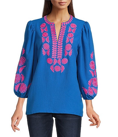 Calessa Crinkle Textured Embroidered Patchwork Round Split V-Neck Bracelet Sleeve Tunic