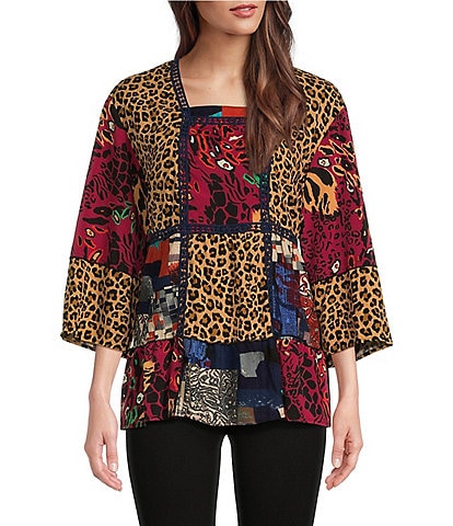 Calessa Patchwork Printed Square Neckline 3/4 Sleeve Top