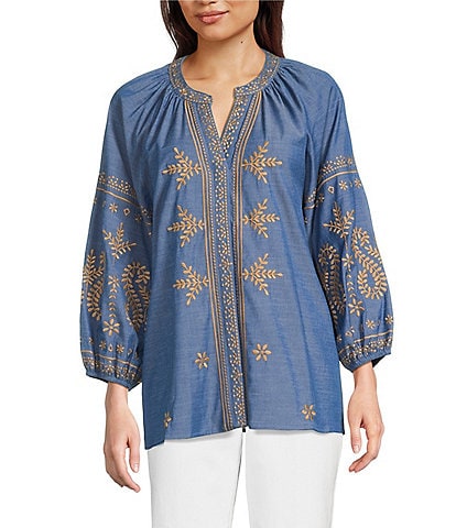 Calessa Embroidered Chambray Split V-Neck Bracelet Sleeve Tunic