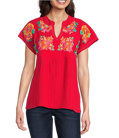 Calessa Embroidered Crinkle Split V-Neck Short Sleeve Top