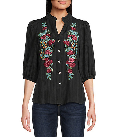 Calessa Embroidered Floral Split V-Neck 3/4 Sleeve Button Front Tunic