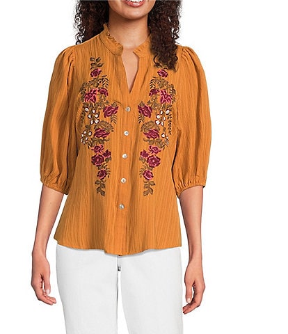 Calessa Embroidered Floral Split V-Neck 3/4 Sleeve Button Front Tunic