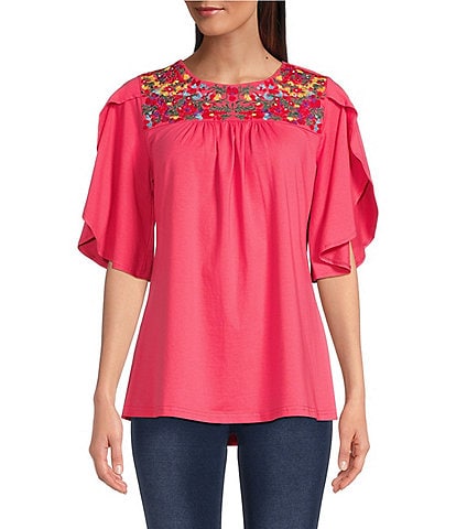 Calessa Embroidered Knit Crew Neck Flutter Short Sleeve Blouse