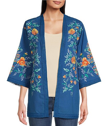 Calessa Embroidered Lace Trim Detail 3/4 Sleeve Open-Front Kimono Cardigan
