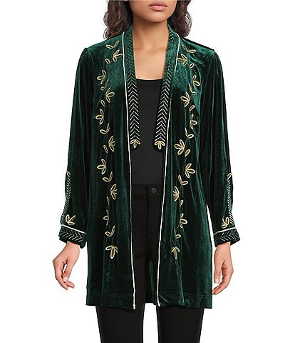 Calessa Embroidered Long Sleeve Open-Front Velvet Cardigan