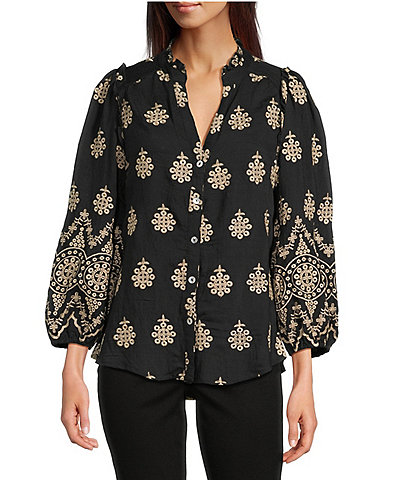 Calessa Embroidered Medallion Split V-Neck Wrist Sleeve Button Front Tunic