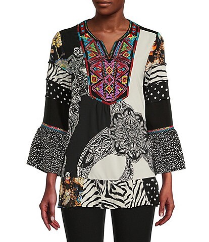 Calessa Embroidered Multi Print Split Round Neck 3/4 Bell Sleeve Woven Tunic