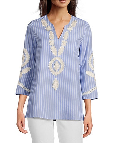 Calessa Embroidered Patchwork Pinstripe Split V-Neck 3/4 Sleeve Tunic