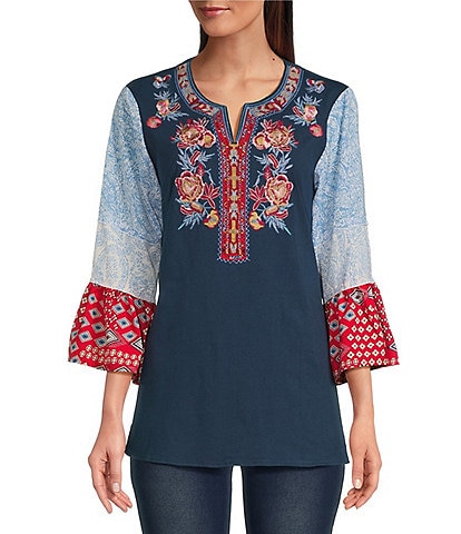 Calessa Embroidered Patchwork Print Split Round Neck 3/4 Tiered Sleeve Knit Tunic