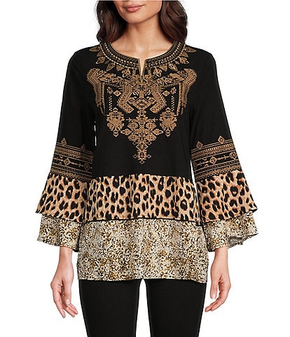 Calessa Embroidered Patchwork Print Split Round Neckline 3/4 Sleeve Top