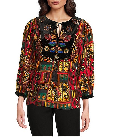 Calessa Embroidered Patchwork Print Split V-Neck 3/4 Sleeve Tassel Tie Tunic