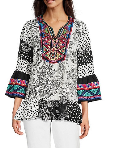 Calessa Embroidered Patchwork Print Split V-Neck 3/4 Sleeve Tunic
