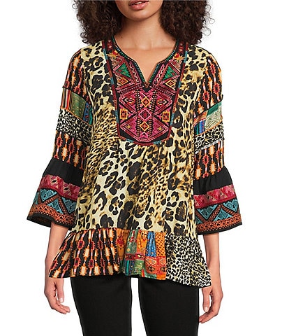 Calessa Embroidered Patchwork Print Split V-Neck 3/4 Sleeve Tunic