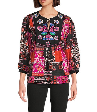 Calessa Embroidered Patchwork Round Split V-Neck 3/4 Sleeve Tunic