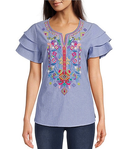 Calessa Embroidered Patchwork Split Round Neck Tiered Short Sleeve Striped Shirttail Hem Blouse