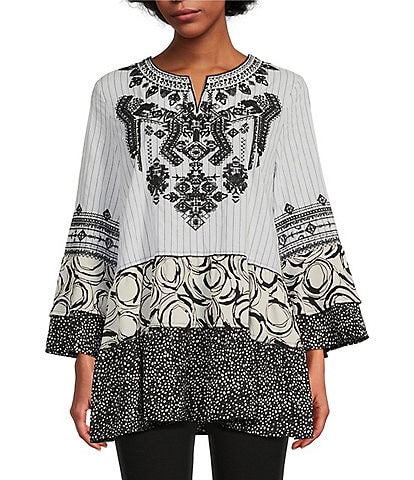 Calessa Embroidered Patchwork Split V-Neck 3/4 Bell Sleeve Tunic