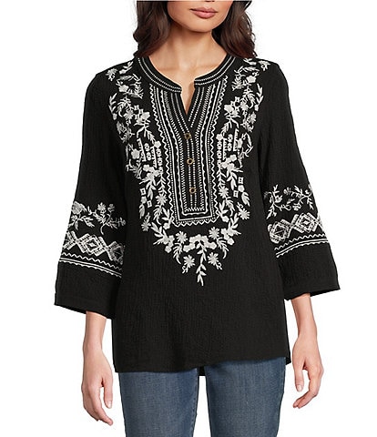 Calessa Embroidered Patchwork Split V-Neck 3/4 Sleeve Tunic