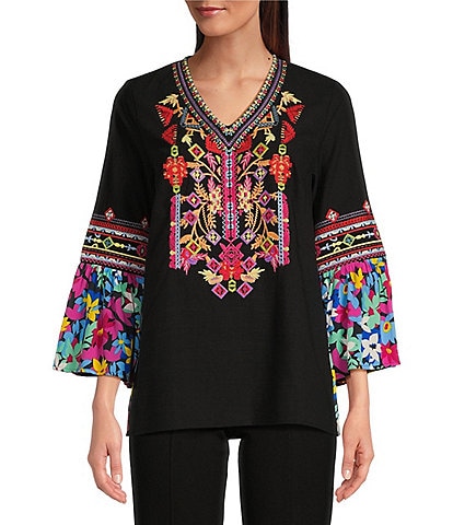 Calessa Embroidered Patchwork V-Neck 3/4 Sleeve Tunic