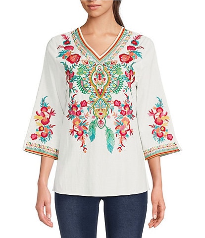 Calessa Embroidered Patchwork Woven V-Neck 3/4 Sleeve Tunic