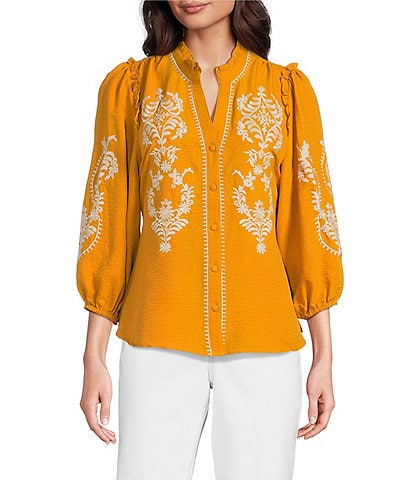 Calessa Embroidered Placement Print Ruffle Split V-Neck 3/4 Sleeve Button-Front Tunic