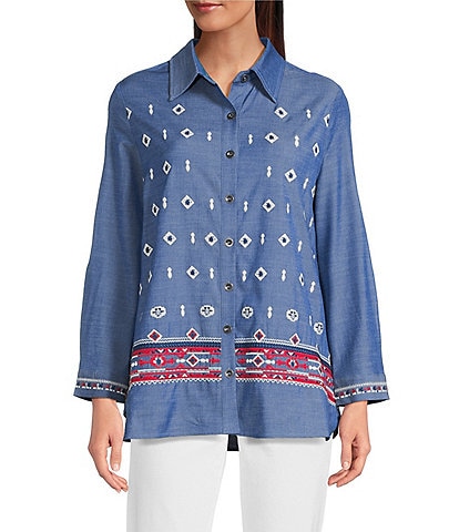 Calessa Embroidered Point Collar Long Roll-Tab Sleeve Button Front Tunic