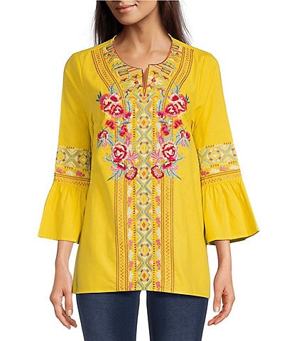 Calessa Embroidered Split Neck Tie Detail 3/4 Sleeve Pullover Blouse