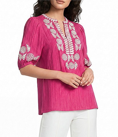 Calessa Embroidered Split V-Neck Elbow Puff Sleeve Tunic