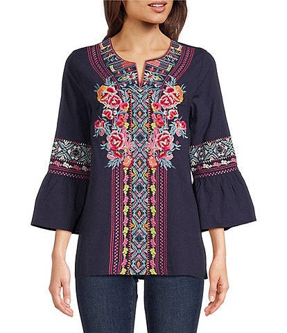 Calessa Embroidered Split V-Neck 3/4 Bell Sleeve Tunic