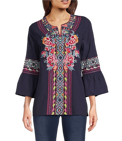 Calessa Embroidered Split V-Neck 3/4 Bell Sleeve Tunic