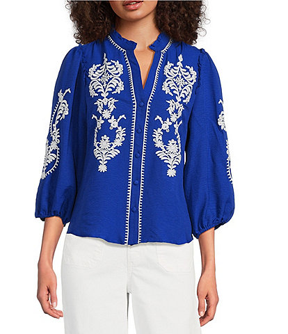 Calessa Embroidered Split V-Neck 3/4 Sleeve Button Front Tunic
