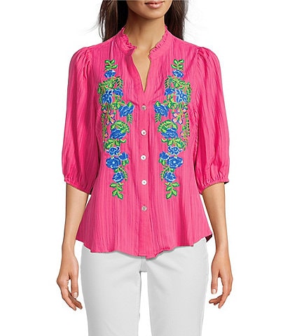Calessa Embroidered Split V-Neck 3/4 Sleeve Shirttail Hem Button-Front Tunic