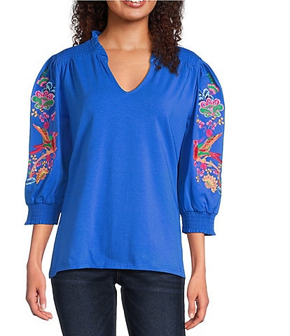 Calessa Embroidered Split V-Neck 3/4 Sleeve Tunic