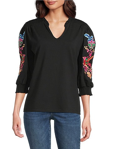 Calessa Embroidered Split V-Neck Balloon Sleeve Tunic
