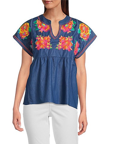 Calessa Embroidered Split V-Neck Cap Sleeve Tunic