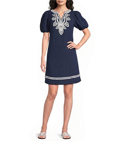 Calessa Embroidered Split V-Neck Elbow Balloon Sleeve Shift Dress