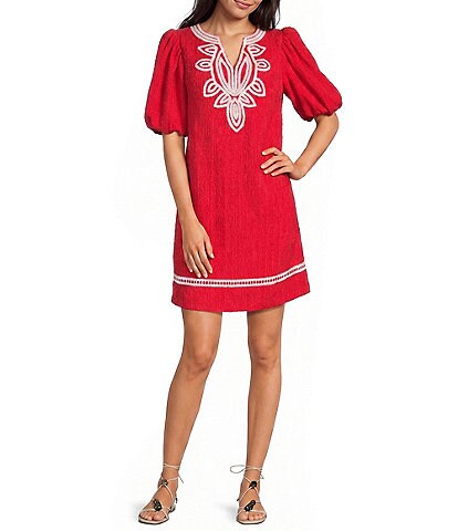 Calessa Embroidered Split V-Neck Short Puff Sleeve Shift Dress