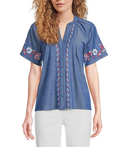 Calessa Embroidered Split V-Neck Short Sleeve Button Front Tunic
