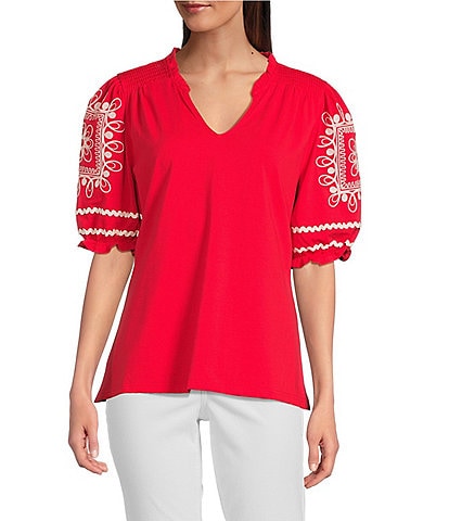 Calessa Embroidered Split V-Neck Short Sleeve Tunic