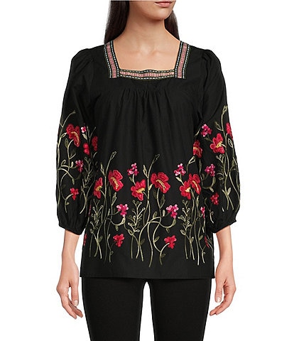 Calessa Embroidered Square Neck 3/4 Sleeve Pullover Blouse