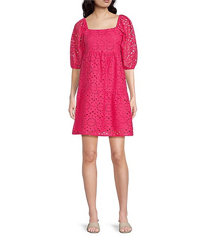 Calessa Embroidered Square Neck Elbow Sleeve Pullover Dress