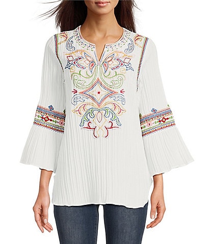 Calessa Embroidered Textured Split Jewel Neck 3/4 Bell Sleeve Woven Tunic