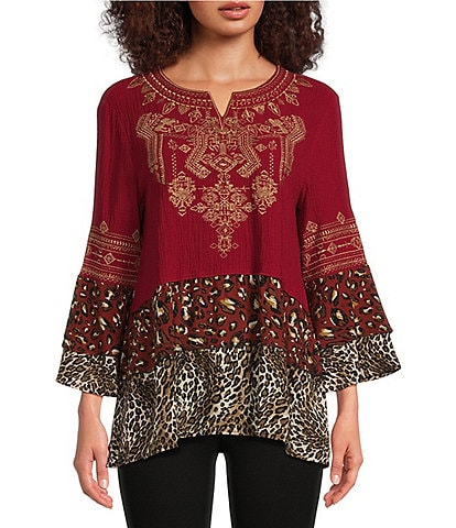 Calessa Embroidered Tiered Patchwork Print Split Round Neck 3/4 Sleeve Tunic