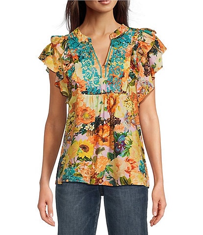 Calessa Embroidered Vintage Floral Print Split V-Neck Ruffled Cap Sleeve Tunic