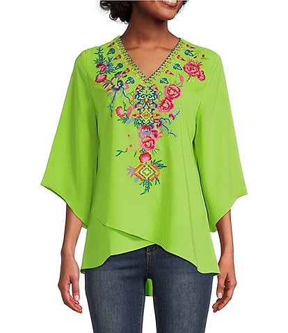 Calessa Floral Embroidered V-Neck 3/4 Sleeve Asymmetric Crossover Hem Tunic