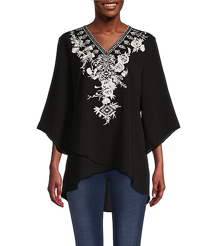 Calessa Floral Embroidered V-Neck 3/4 Sleeve Asymmetrical Crossover Hem Tunic