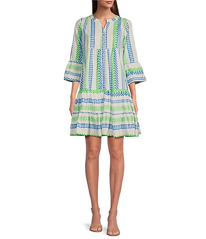 Calessa Geometric Stripe Banded V-Neck 3/4 Bell Sleeve Button Front A-Line Dress