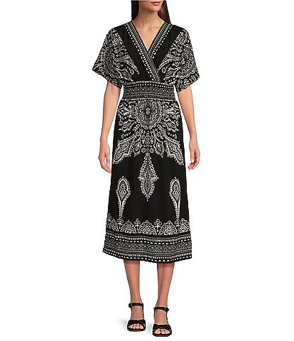 Calessa Henna Border Print Jersey V-Neck Short Sleeve Smocked Waist A-Line Midi Dress